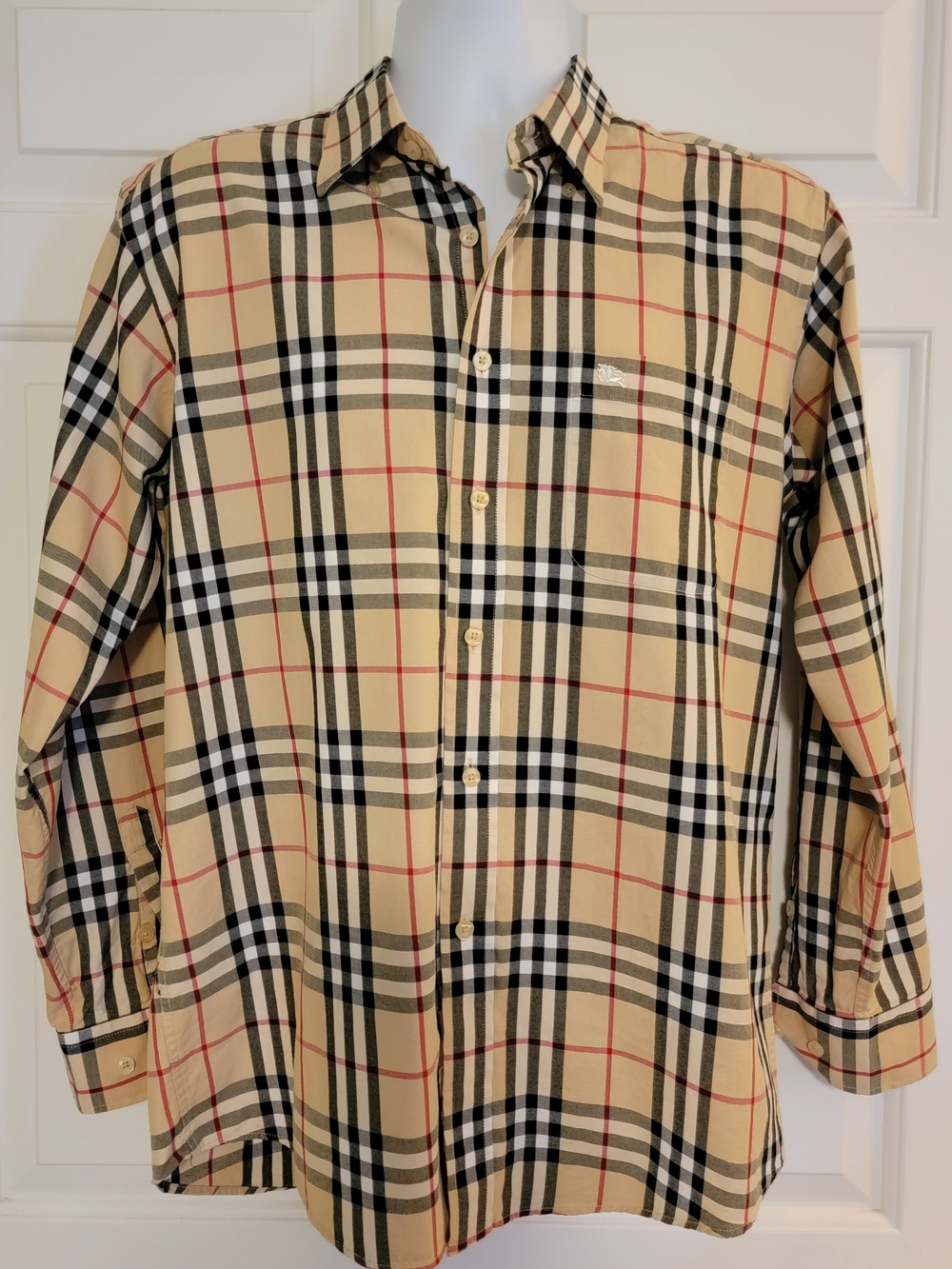 Burberry Tan Plaid Button-Down Shirt with Black and Red Lines
